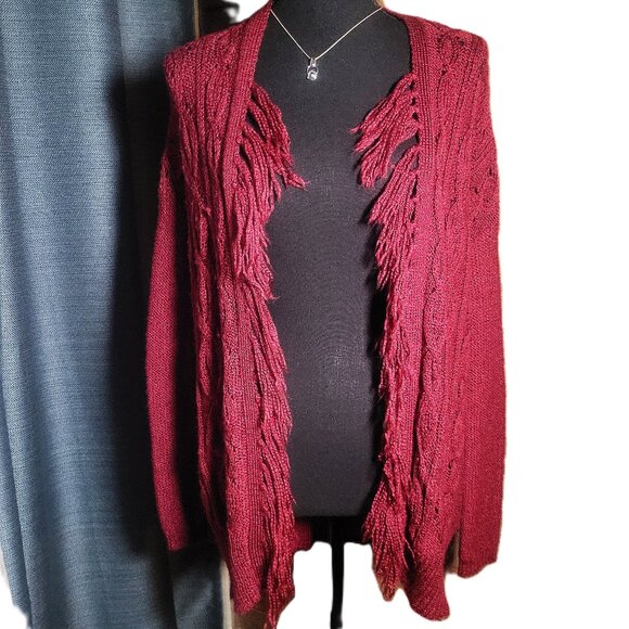 American Rag Women's Open-Stitch Fringe Cardigan Sweater Maroon - Size XS - Picture 1 of 10